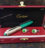 Cartier Roadster Silver Green Ballpoint Pen & Cufflinks Set